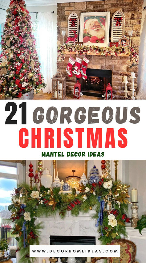 Elevate your holiday decor with these 21 gorgeous Christmas mantel ideas that bring charm and warmth to your home. From lush greenery and twinkling lights to elegant stockings and festive accents, find inspiration to create a stunning focal point that captures the spirit of the season! Traditional Christmas Fireplace, Christmas Decorated Lanterns Ideas, Christmas Mantle Traditional, Large Mantel Christmas Decor, Poinsettas Around Fireplace, Decorated Christmas Mantels, Traditional Christmas Fireplace Decor, Christmas Hearth Decor Mantle Ideas, Xmas Fireplace Decor Mantles