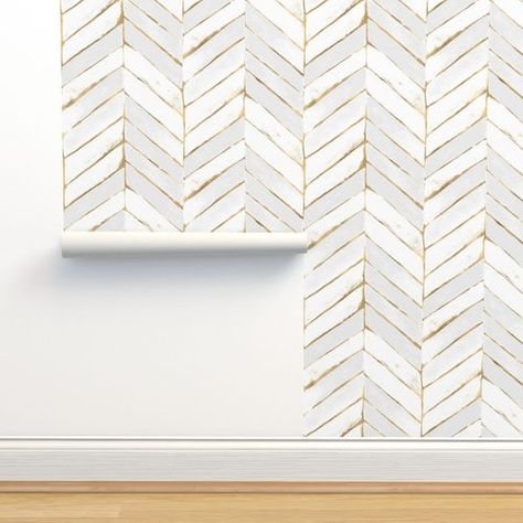 chevron painted white + gold - L | Spoonflower White And Gold Wallpaper, Tapete Gold, Look Wallpaper, Chevron Wallpaper, L Wallpaper, Wallpaper Accent Wall, Grasscloth Wallpaper, Gold Wallpaper, Bathroom Wallpaper