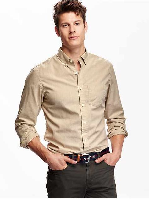 Men's Clothes: Shirts | Old Navy Tan Button Up Shirt Outfit, Tan Shirt Outfit, Tan Groomsmen, Button Up Shirt Outfit, Tan Dress Shirt, Poplin Shorts, Slim Fit Mens Shirts, Shirt Outfit Men, Tan Shirt