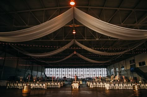 Hanger Wedding Reception, Airport Hanger Wedding, Airplane Hanger Wedding, Airplane Hangar Wedding, Aviation Wedding Theme, Hangar Wedding, Airplane Wedding, Airplane Hanger, Aviation Wedding