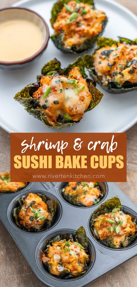 baked sushi cups made with shrimp and imitation crab. Topped with spicy mayo sauce. Sushi Recipes Baked, Sushi Cups Shrimp, Sushi Bake In Muffin Pan, Volcano Roll Sushi Bowl, Muffin Tin Sushi Cups, Mini Sushi Cups, Sides For Sushi Dinner, Sushi Bake Cupcakes, Sushi Bake Cups Recipe