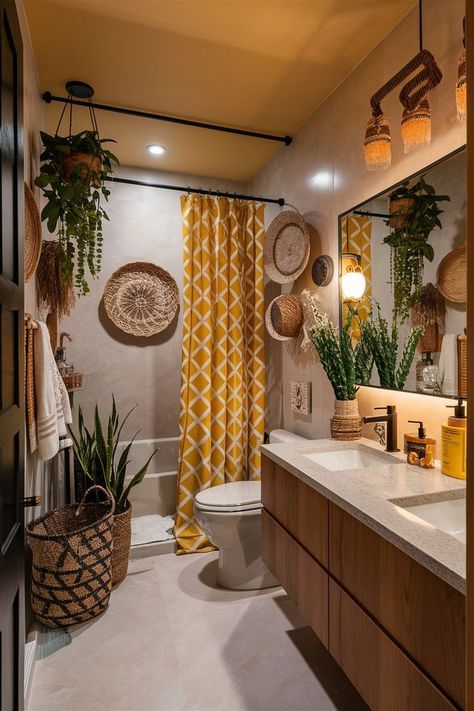 Boho Bathroom Ideas, Beautiful Bathroom Decor, Sims Builds, Boho Bathroom Decor, Future Apartment Decor, Casa Vintage, Yellow Bathrooms, Bathroom Design Decor, Boho Bathroom