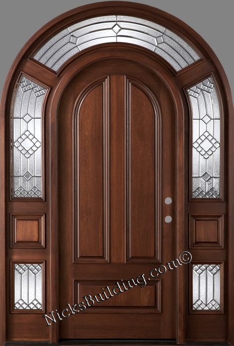 African mahogany round top door system 3003. Now offering free shipping.  #roundtopdoors #modernexteriorfrontdoors #elegantentrydoors Round Door Design, Wooden Arch Door, Arch Door Design, Round Top Door, Arched Transom, Arched Entry Doors, Mahogany Exterior Doors, Arch Door, Custom Wood Doors