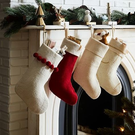 Christmas Decorations | West Elm Fireplace Stockings Christmas, Family Christmas Stocking, Scandinavian Stockings Christmas, Christmas Stockings On Mantle, Scandinavian Christmas Stocking, Mismatched Stockings Christmas, Homemade Stockings Christmas, Family Stockings Christmas, Christmas Stockings Ideas