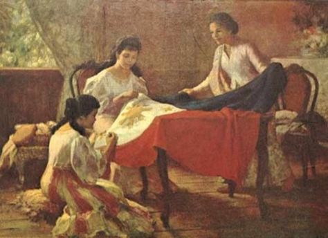 "The Making of the Philippine Flag" painted by National Artist Fernando Amorsolo Fernando Amorsolo Paintings, Amorsolo Paintings, Fernando Cueto Amorsolo, Filipino Paintings, Fernando Amorsolo, Filipino History, Old Philippines, Philippine Culture, Philippine History