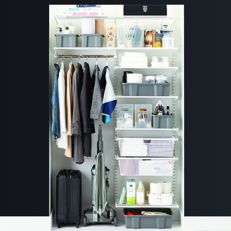 Elfa Classic 4' Coat & Storage Closet Mudroom Closets, Affordable Closet Systems, Mesh Drawers, Elfa Closet, Hanging Closet Storage, Elfa Shelving, Front Closet, Coat Closet Organization, Closet Solutions