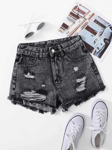 Raw Hem Ripped Denim Shorts | SHEIN USA Dark Ripped Jeans, Grey Shorts Outfit, Girls Ripped Jeans, Grey Denim Shorts, Dark Grey Jeans, Ripped Jean Shorts, Normal Clothes, Ripped Denim Shorts, Shein Outfits