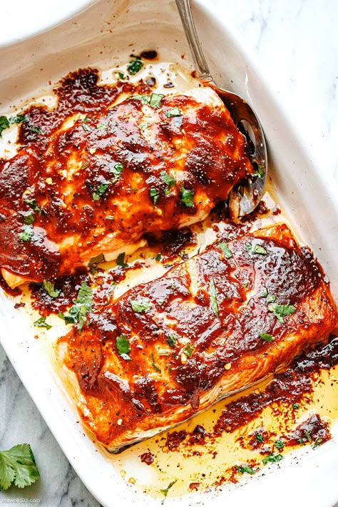 Oven Baked BBQ Salmon - #salmon #recipe #bbq #eatwell101 - Baked BBQ Salmon is so quick and easy. With only two key ingredients and minimal cleanup, this baked salmon recipe makes a stress-free dish for any lunch or weeknight dinner. - #recipe by #eatwell101® Barbecue Salmon Recipes, Salmon Barbeque Recipes, Bbq Salmon Recipes In Foil, Bbq Sauce Salmon, Salmon Recipes Bbq, Barbeque Salmon, Baked Bbq Salmon, Best Salmon Recipe Baked, Barbecue Salmon