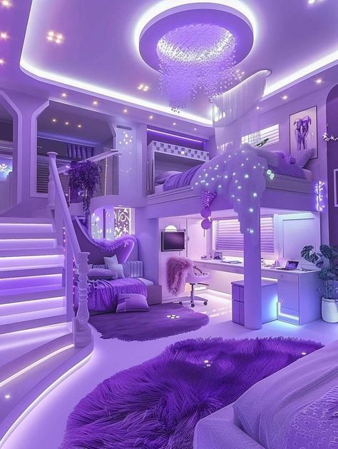 Cute Bedroom Ideas For Big Rooms, Purple House Aesthetic, Aesthetic Purple Bedroom, Purple Room Ideas Bedrooms, Crazy Bedrooms, Purple Aesthetic Bedroom, Purple Bedroom Aesthetic, Cuartos Aesthetic, Purple Room Aesthetic