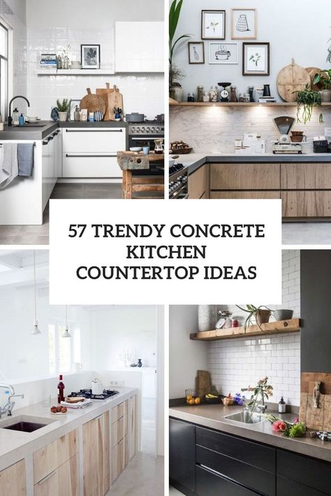 trendy concrete kitchen countertop ideas cover Kitchen Countertops Ideas Concrete, Cement Wood Kitchen, Kitchen Ideas Concrete Countertops, Kitchen Remodel Concrete Countertops, Concrete Countertop Ideas Kitchen Counters, Concrete Countertops Oak Cabinets, Cement Counter Top Kitchen, Modern Kitchen Concrete Countertops, Concrete Countertop Kitchens