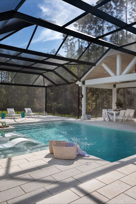 Screened In Yard, Backyard With Screened In Porch And Pool, Backyard Closed Patio Ideas, Pool With Cage Ideas, Screened In Pool With Outdoor Kitchen, Pool Lani Ideas, Florida Patio Ideas Screened Pool, Screened Pool Enclosure, Screened In Pool Patio Decorating Ideas