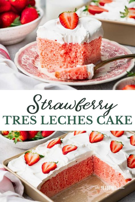 This easy strawberry tres leches cake starts with a box of strawberry cake mix, soaks in a creamy strawberry milk mixture, and includes whipped cream and fresh strawberries on top. A fun, flavorful twist on a classic Mexican dessert! Tres Les Cake, Tres Leches Cake Recipe Strawberry, Strawberry Cake Tres Leches, Strawberry Tres Leches Cake Recipe Easy, Tres Leche Strawberry Cake, Tres Leches Topping, Treches Leches Cake, Strawberry Leches Cake, Box Strawberry Cake Recipes