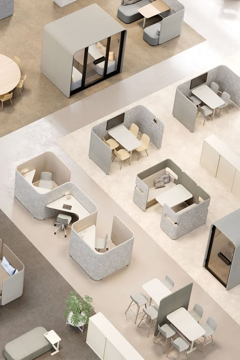 Work environment furnished with Pod products Innovative Workplace Design, Work Pods Design, Office Pod Design, Modern Co Working Space Design, Common Space Office, Interior Designer Workspace, Community Office Space, Staff Room Ideas Offices, Office Pods Design