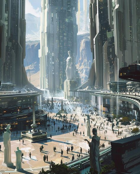 The promenade. A futuristic shopping district with elements from Ancient Greece . #futuristicarchitecture #futurecity #futurecities #futureworld #future #scifiarchitecture #scifiartwork #spacecity #spacearchitecture #scififantasy #scifiworld #scificity #scifi #architecture #urbandesign #midjourney #ai Scifi Architecture, Apocalypse Landscape, Scifi Artwork, Location Design, Sci Fi Architecture, Ancient Drawings, Shopping District, Sci Fi City, My Fantasy World