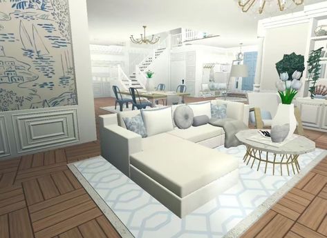 Coastal House Bloxburg Living Room, 2 Story Beach House Bloxburg Layout, Bloxburg Room Coastal, Living Room Bloxburg Coastal, Aesthetic House Ideas Bloxburg, Coastal Living Room Ideas Bloxburg, Boo Burg Beach House, Blocksburg Beach House Ideas, Bloxburg Summer Living Room