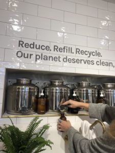 refillable soap at Follain a new store at Uvillage in Seattle Refill Shampoo Station, Zero Waste Refill Station, Soap Refill Station, Refill Station Design, Zero Waste Grocery Store, Refill Shop, Refill Station, Zero Waste Shop, Bulk Store