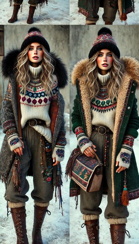 Winter Boho Outfits Cold, Winter Hippie Outfits Boho, Hippie Fashion Aesthetic, Winter Hippie Outfits, Peru Fashion, Winter Hippie, Outfits For The Cold, Boho Winter Outfits, Mountain Outfit