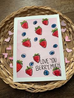 Drawings Of Berries, Cute Card Decorations, Fruit Valentines Cards, Valentines Day Card Painting, Valentines Day Homemade Cards, I Love You Art For Him, Valentines Card Homemade, Diy Card Drawing, Cute Friend Birthday Cards