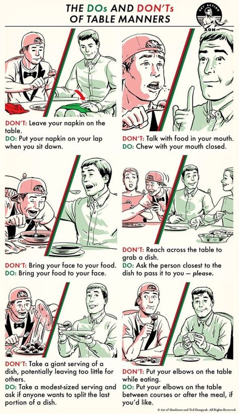 The Dos and Don'ts of Table Manners | The Art of Manliness Good Table Manners, Manners For Kids, Table Etiquette, Dining Etiquette, Etiquette And Manners, Table Manners, Sleep Eye, Art Of Manliness, How To Read People