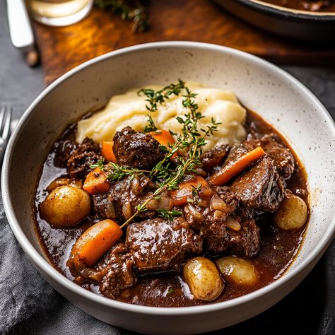 Discover the rich flavors of Beef Bourguignon, a classic French stew perfect for cozy dinners. Tender beef simmered to perfection! Beef Bourguignon Half Baked Harvest, Vegetarian Beef Bourguignon, Beef Bourguignon Nytimes, Magnolia Beef Stew, Short Rib Beef Bourguignon, Classic Beef Bourguignon, Beef Burgionion Julia Child, Beef Bourguignon Dinner Party, Bourginon Beef Bourguignon