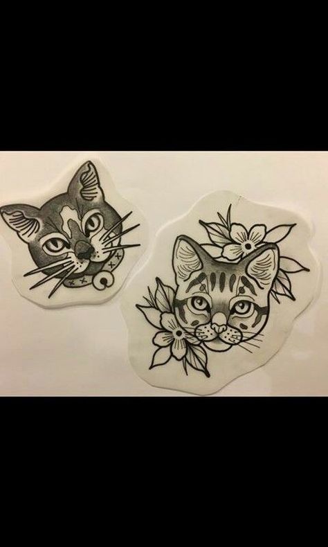 Traditional Cat Tattoo Black And White, Cat Portrait Tattoo Traditional, Simple Neotraditional Tattoo, Traditional Style Cat Tattoo, Trad Cat Tattoo, Old School Cat Tattoo, Traditional Black Cat Tattoo, Tradional Tattoo Ideas, Cat Tattoo Traditional