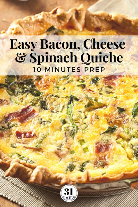 This easy quiche recipe is made with bacon, cheese, and spinach. It's a favorite Quiche Lorraine recipe perfect for brunch, afternoon tea or a light dinner, This Bacon, Cheese, and Spinach Quiche recipe is quick and easy with 10 minutes or less of prep. #quicherecipe #easyquiche #afternoontea #brunch #eggs #31Daily #quiche #lorraine Quiche Recipes Spinach Bacon, Bacon And Spinach Quiche, Spinach Bacon Quiche, Breakfast Quiche Recipes Easy, Easy Quiche Recipe, Bacon Quiche Recipe, Bacon Spinach Quiche, Bacon And Cheese Quiche, Spinach Quiche Recipes