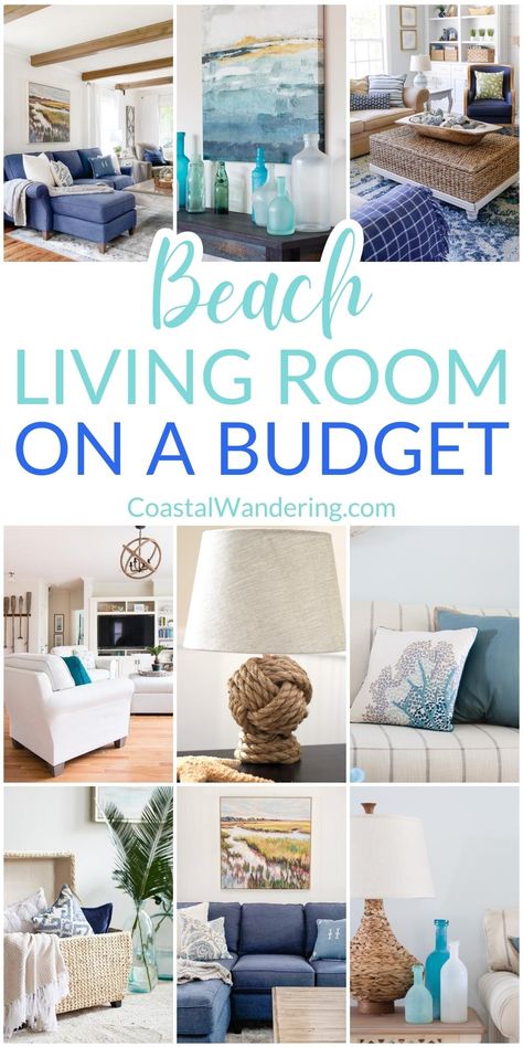 Coastal Living Decorating Ideas, Beach Theme Lounge, Furniture For Beach House, Beach Theme Lounge Coastal Style, Beach Furniture Living Room, Beach Inspired Living Room Small Spaces, Living Room Ocean Theme, Small Beach House Decorating Ideas, Nautical Decor Living Room Navy Blue Coastal Style