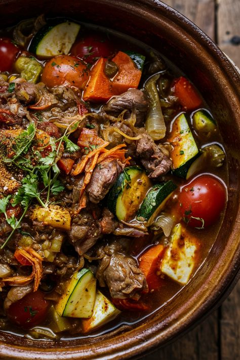 A bowl of hearty beef stew with vegetables like tomatoes, carrots, and zucchini. Beef Tagine Recipes Moroccan Spices, Fish Tagine Recipes, Chicken Tagine Recipes Morocco, Cultural Food Recipes, Chicken Tagine Recipes, Moroccan Recipes Authentic, Moroccan Side Dishes, Tagine Recipes Chicken, Tajine Recipes