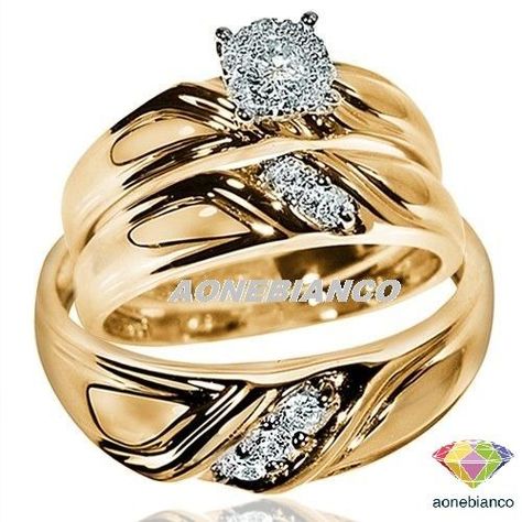 His Hers Wedding Bands Trio Diamond Engagement Bridal Ring Set 14K Yellow Gold #aonebianco Cheap Wedding Rings Sets, Wedding Ring Trio, Her Wedding Rings, Wedding Ring Womens, Matching Wedding Ring Sets, His And Her Wedding Rings, Wedding Rings Sets His And Hers, Matching Wedding Ring, Heart Shaped Diamond Ring