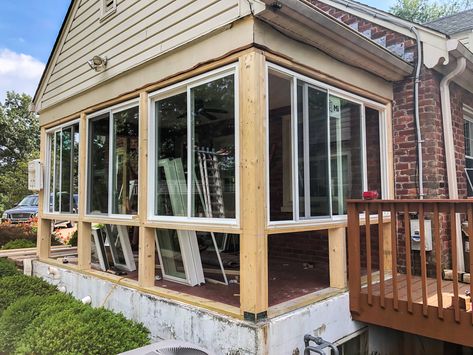 Patio Into Sunroom, Porch To Sunroom Conversion, Porch To Sunroom, Closed In Porch, Sunroom Remodel, Sunroom Windows, Screened In Porch Diy, Glass Porch, Porch Enclosures