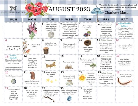 Charlotte Mason Homeschool Schedule, Charlotte Mason Morning Time, Fall Nature Study Homeschool, Books And Nature, August Weather, Charlotte Mason Nature Journal, Benefits Of Homeschooling, Homeschool Calendar, Nature Calendar