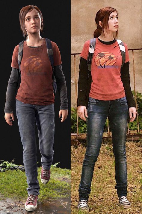 Ellie fromThe Last of Us Halloween costume idea and original outfit Joel And Ellie Halloween Costume, Ellie Tlou Halloween Costume, Single Costumes For Women, Video Game Character Halloween Costumes, Last Of Us Halloween Costume, Character Costume Ideas Women, Cute Woman Halloween Costumes, Ellie The Last Of Us Halloween Costume, Brunette Cosplay Ideas