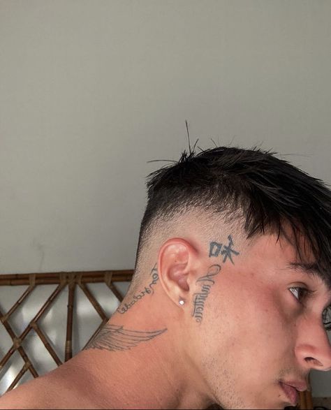 Trans Boys Haircuts, Forehead Tattoo Men, Sideburn Tattoo Guys, Sideburn Tattoo, Trans Boy Haircut, Burn Tattoo, Tattoed Guys, Crew Cut Hair, Gang Tattoos