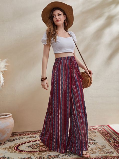 SHEIN Mulvari Mixed Print Tassel Knot Waist Palazzo Pants | SHEIN USA Palazzo Pants Outfit Indian Casual, Printed Palazzo Pants Outfit, Rajasthan Outfits, Palazzo Pants Outfit Indian, Palazzo Pants Summer, Western Boho Outfits, High Waist Loose Pants, Palazzo Outfit, Goa Outfits