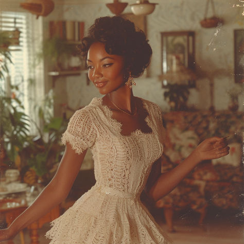 Vintage photo of black woman in 1950's dancing in her living room archive photo ai photo stock photo of woman dancing Black Women 1950s Fashion, 1950s African American Fashion, 1940s Fashion Black Women, 1920 Black Women, 1950s Aesthetic Black Women, 1930s Black Women, 50s Fashion Black Women, Vintage Black Glamour Aesthetic, 50s Black Women