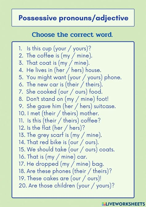 Possessive adjectives online worksheet for P.6. You can do the exercises online or download the worksheet as pdf. Possesive Adjective 's Worksheet, Possessive Adjectives Worksheets Grammar, Adjective Pronouns Worksheet, Possesive Pronounce Worksheets, Possessive S Worksheet, Subject Pronouns And Possessive Adjectives, Posessive Pronouns, Possessive Adjectives Worksheets, Possessive Nouns Worksheet