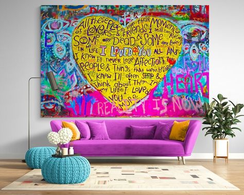 Graffiti Love Heart Colorful Bright Street Pop Art Canvas Print Wall Decor Modern Motivation Extra Large Urban Ready to Hang Painting - Etsy Modern Abstract Paintings, Painting Words On Canvas, Hand Print Wall Art, Pop Art Design Interior, Canvas Artwork Painting, Hearts Artwork, Heart Art Painting, Pop Art Home Decor, Street Pop Art