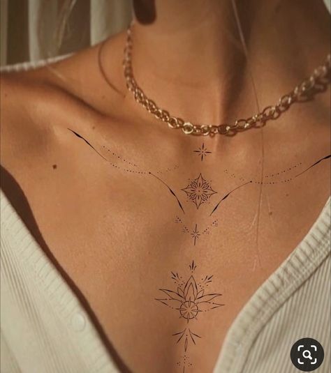 Tato Minimal, Small Chest Tattoos, Boho Tattoos, Chest Tattoos For Women, Spine Tattoos For Women, Modern Tattoos, Collar Bone Tattoo, Classy Tattoos, Subtle Tattoos