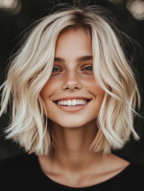 Blonde Bob Haircuts: Chic and Versatile Hairstyle Ideas Ideas For Bob Hairstyles, Short Blonde Bobs Round Face, Short Hairstyle Women Platinum Blonde, Styling Short Blonde Hair, Blonde Bob With Glasses, Blonde Bob Lowlights, Mid Length Ash Blonde Hair, Blonde Lob Round Face, Short Blonde Fine Hair