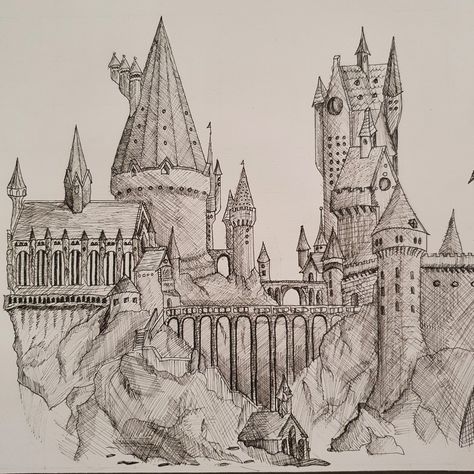 Ink pen hogwarts drawing Harry Potter Drawing Hogwarts, Harry Potter Castle Sketch, Harry Potter Art Print, Harry Potter Architecture Drawings, Vintage Castle Drawing, Sketch Ideas Harry Potter, Harry Potter Black And White Drawing, How To Draw Hogwarts Castle, Hogwarts Sketch Easy