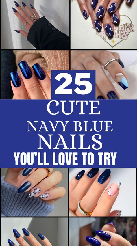 If you love navy blue nails then these nails are for you. These cute navy blue nails are the best and will suit any outfit you want to pair them with. These cute navy blue nails are beautiful so you can’t help but love them all. Navy White Nail Designs, Navy Blue Matte Nails With Silver, Gel Nail Designs Dark Blue, Navy Animal Print Nails, Mother Of Bride Nails Navy, Blue And White Football Nails, Navy Fingernails, Navy Nails For Prom, Navy Color Nails