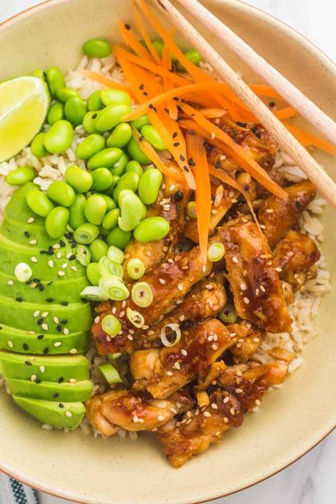 Teriyaki Chicken bowls are a fun spin on a classic stir fry dish. Enjoy this sweet and savory chicken with your favorite fresh toppings. Terriaki Chicken Bowls, Teriyaki Chicken Bowl With Cabbage, Chicken Stir Fry Bowl, Poke Bowl Chicken Teriyaki, Teriyaki Chicken Sushi Bowl, Teriyaki Chicken Poke Bowl, Chicken Poke Bowls, Teriyaki Bowls Chicken, Teriyaki Chicken Rice Bowl Recipes