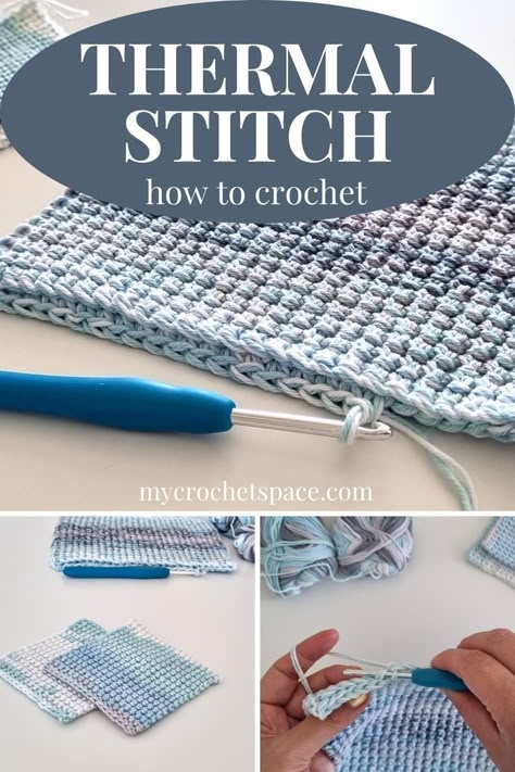 Would you like to know how to crochet the thermal stitch? In this post you can learn everything about the thermal single crochet stitch. You can also watch a video demonstration of this stitch which is very helpful! Using the thermal stich you can make double thick potholders, coasters, even blankets if you like! Single Crochet Thermal Stitch Potholder, Double Crochet Thermal Stitch, Thermal Stitch Crochet Scarf, Thermal Blanket Crochet, Crochet Thermal Stitch Patterns, How To Double Up Yarn Crochet, Crochet Thermal Stitch Blanket, Thermal Half Double Crochet, Thermal Stitch Crochet Video