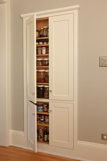 Shallow Pantry, Shallow Cabinets, Between The Studs, Between Studs, Recessed Cabinet, Kitchen Wall Storage, Clever Kitchen Storage, Built In Pantry, Pantry Wall