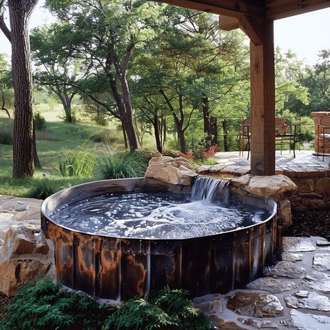 Stock Tank Pool Ideas: Transform Your Backyard with Simple Elegance Outdoor Soaking Tub Diy Stock Tank, Stock Tank Pool Fire Pit, Steel Tank Pool, Barndominium Garden Ideas, Horse Tank Pool, Plastic Stock Tank, Stock Tank Pool Ideas With Waterfall, Steel Pool Ideas, Cow Trough Pool Backyards