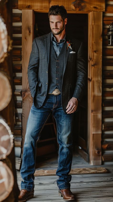 a groom wears jeans and cowboy boots, western outfits Blazer And Cowboy Hat Men, Rockabilly Mens Wedding Attire, Country Style Wedding Mens Attire, Rustic Groom Attire Jeans, Casual Groom And Groomsmen Attire, Mountain Groomsmen Attire, Mens Sport Coat With Jeans And Boots, Jeans And Button Up Men Outfit Wedding, Western Sports Coat And Jeans Men