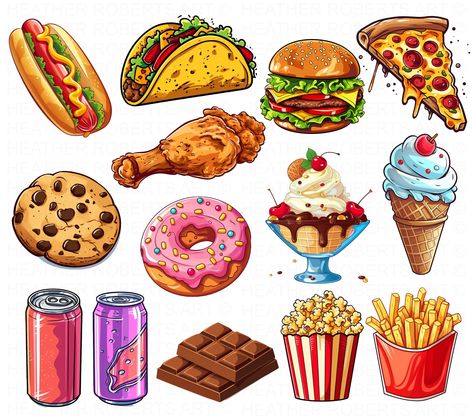 Junk Food Clipart Set, Fast Food Clipart Set, Burger PNG, Pizza PNG, Tacos png, Hotdog Sandwich png, Ice Cream png, Chocolate png, Donut PNG Pizza Stickers Printable, Printable Food Stickers, Food Stickers Printable, Fast Food Drawing, Junk Food Stickers, Junk Food Clipart, Food Sticker Design, Fast Food Stickers, Burger Png