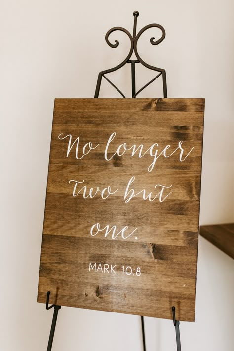 No Longer Two But One, Bible Themed Wedding, Wedding Untraditional Ideas, Wedding Signs Quotes, Wedding Signs Wood, Christian Wedding Reception, Bible For Wedding, Modern Christian Wedding, Chapel Ceremony Decor