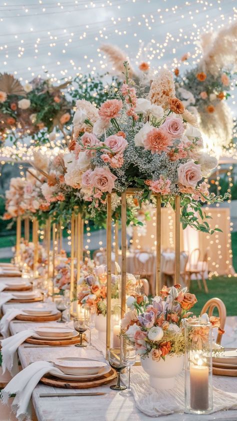 Pink And White Flowers Wedding Decor, Wedding Theme Pink And Gold, Centerpieces Wedding Lights, Wedding Decorations Flowers Table, Gold Flower Stands Wedding, Floral Wedding Ideas Decor, Tall Gold Stand Centerpiece Wedding, Tall Wedding Floral Centerpieces, Gold And Pink Wedding Decorations