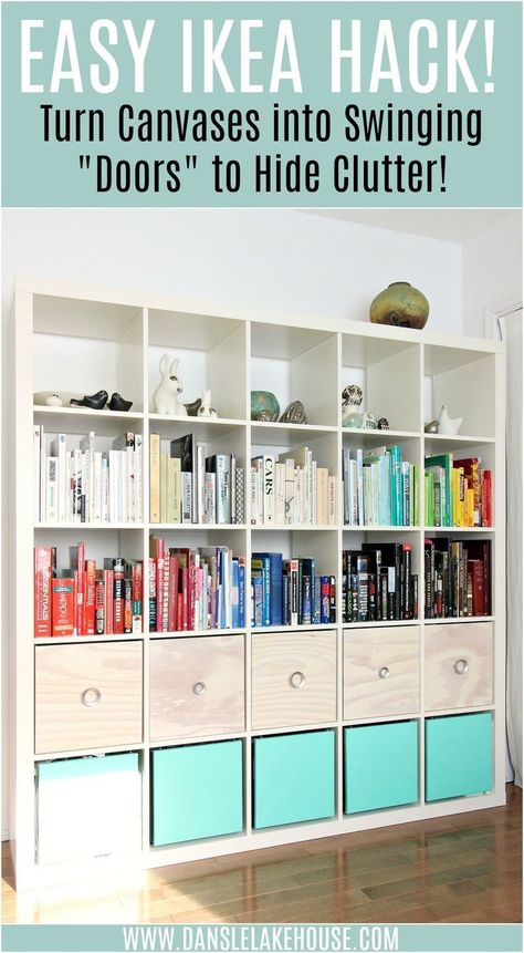 Hide Clutter on Shelves with this Easy IKEA Hack for Expedit Bookcases (or ANY Bookcase). Turn Canvases into Inexpensive Swinging "Doors" for Way Less Money Than IKEA Baskets. Use it to Hide Toys, Hide Ugly Books or Binders - and Make Them Bigger or Smaller to Fit Any Bookcase or Shelving Unit!  #ikeahack #ikea #expedit #diyhomedecor Kallax Doors Diy, Kallax Doors, Ikea Expedit Hack, Expedit Hack, Modern Closet Doors, Ikea Basket, Hide Clutter, Easy Ikea Hacks, Ikea Hacks Ideas